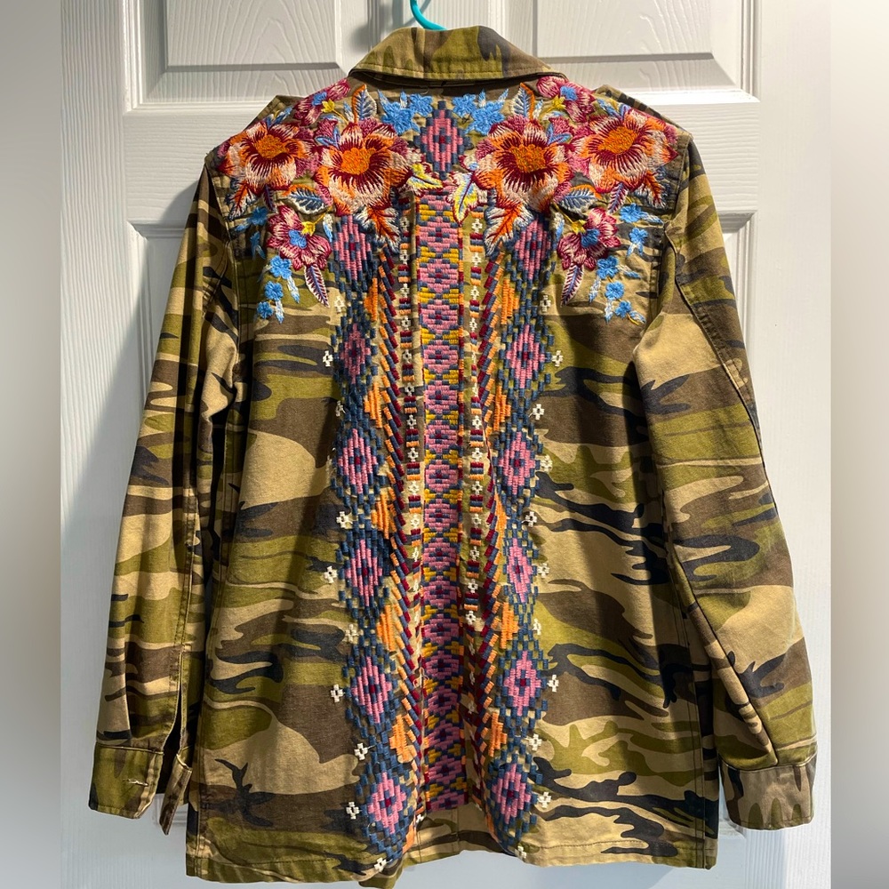 Johnny Was Workshop heavily embroidered camo military jacket, S runs large